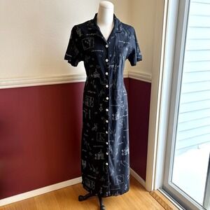 Erika Collection Shirt Dress Womens S Cottage Black Garden Print Linen Blend VTG
